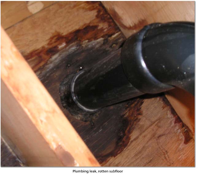 Leaking toilet had caused extensive damage to the subfloor .